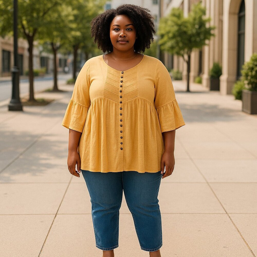 Plus Size Mustard Button-Front Peasant Top